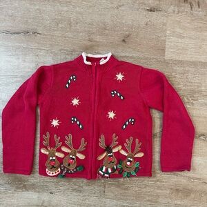 Kids Red Reindeer Holiday Full zip Sweater size M 8/10